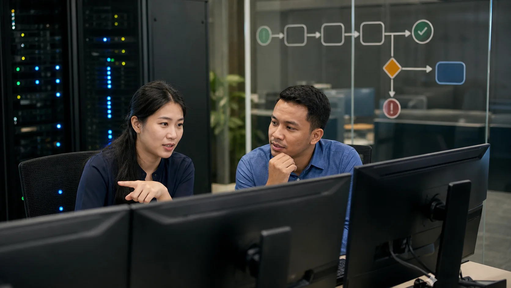 Singaporean professionals defining a digital AI workflow outcome at secure workstations