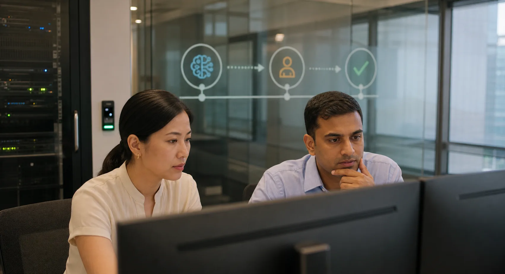 Singaporean professionals reviewing a digital AI agent handoff workflow beside a server cabinet