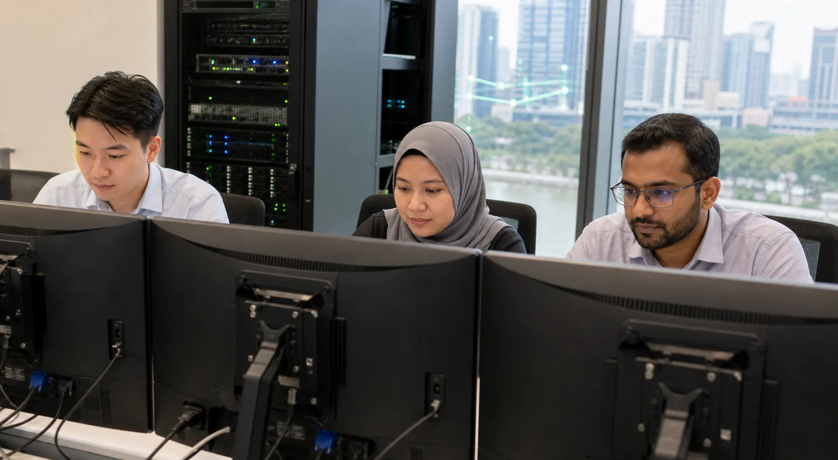 Singaporean professionals testing an AI agent with digital work samples at rear-facing workstations