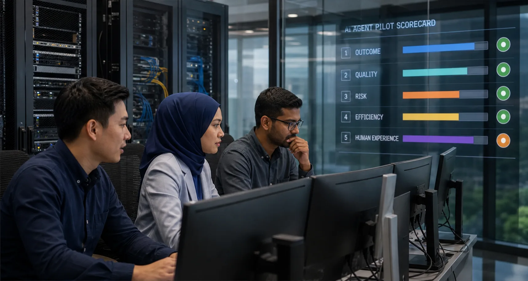 Singaporean professionals reviewing five digital AI agent performance measures beside server racks