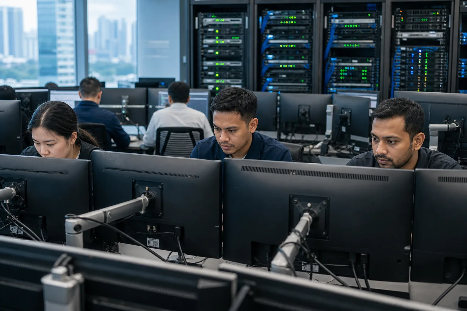 Singaporean professionals monitoring a deployed AI agent with rear-facing workstations and server infrastructure