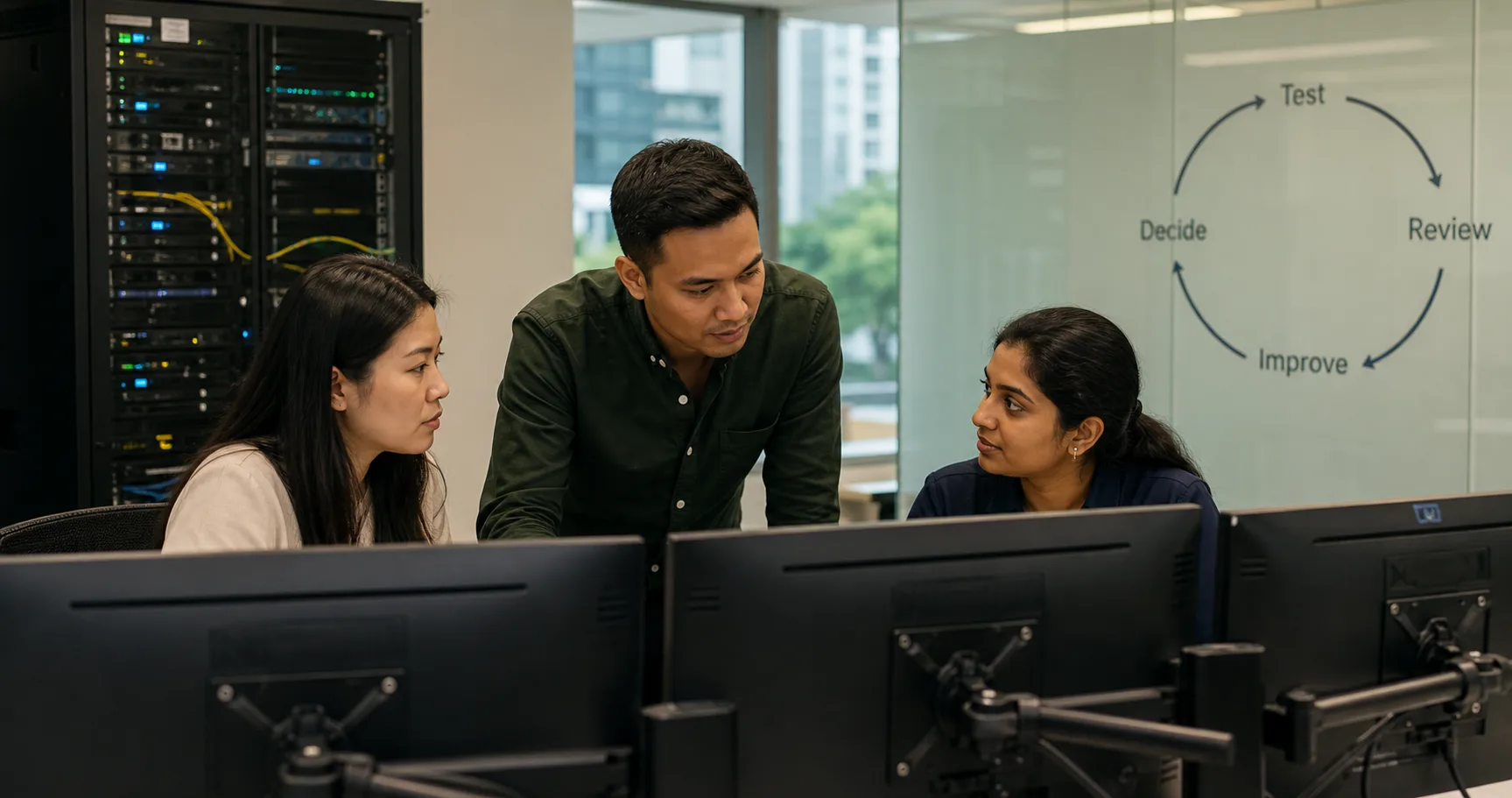 Singaporean colleagues reviewing a digital AI agent pilot decision loop at rear-facing workstations