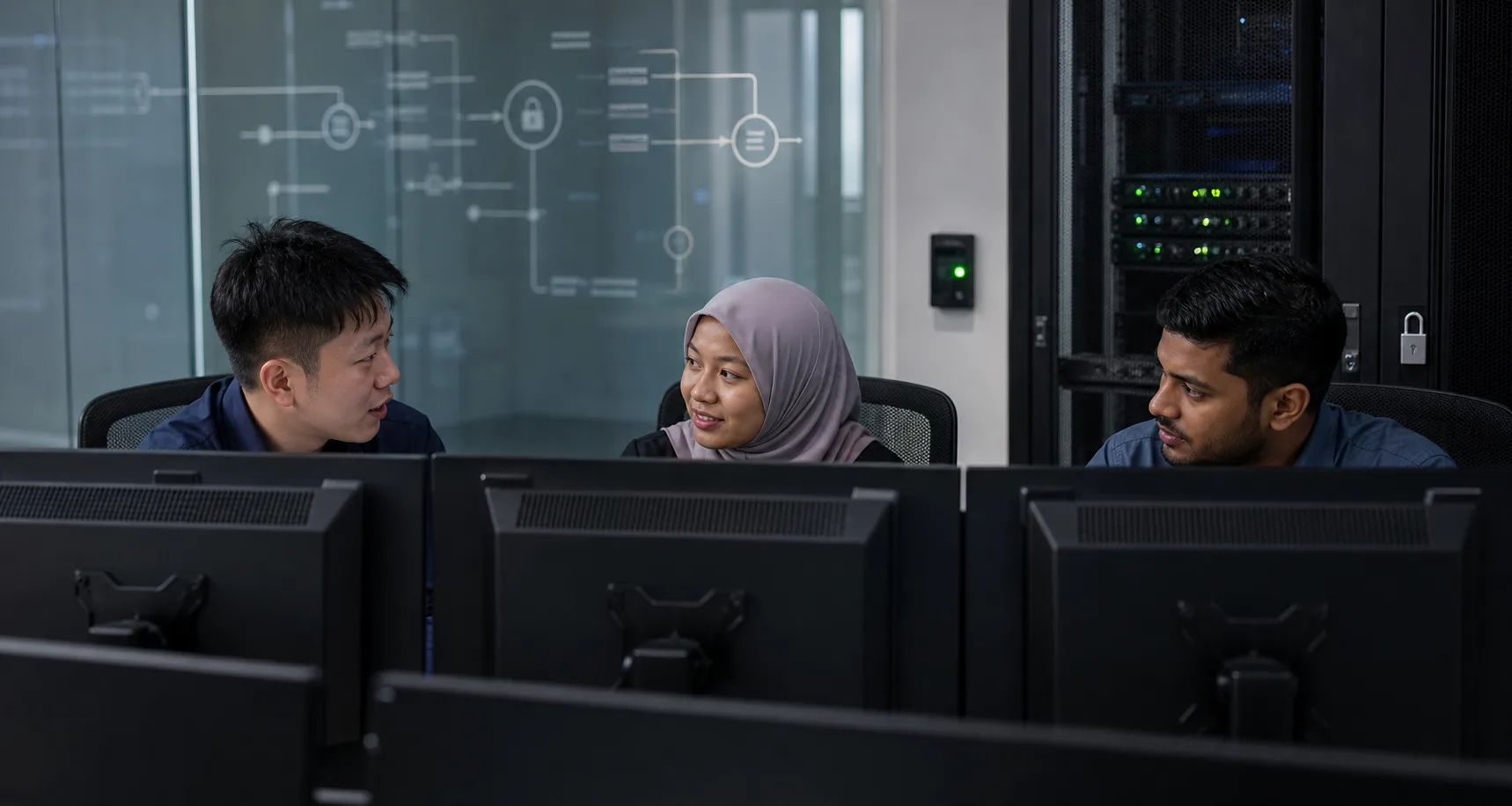 Singaporean professionals reviewing digital access controls beside a secure server cabinet