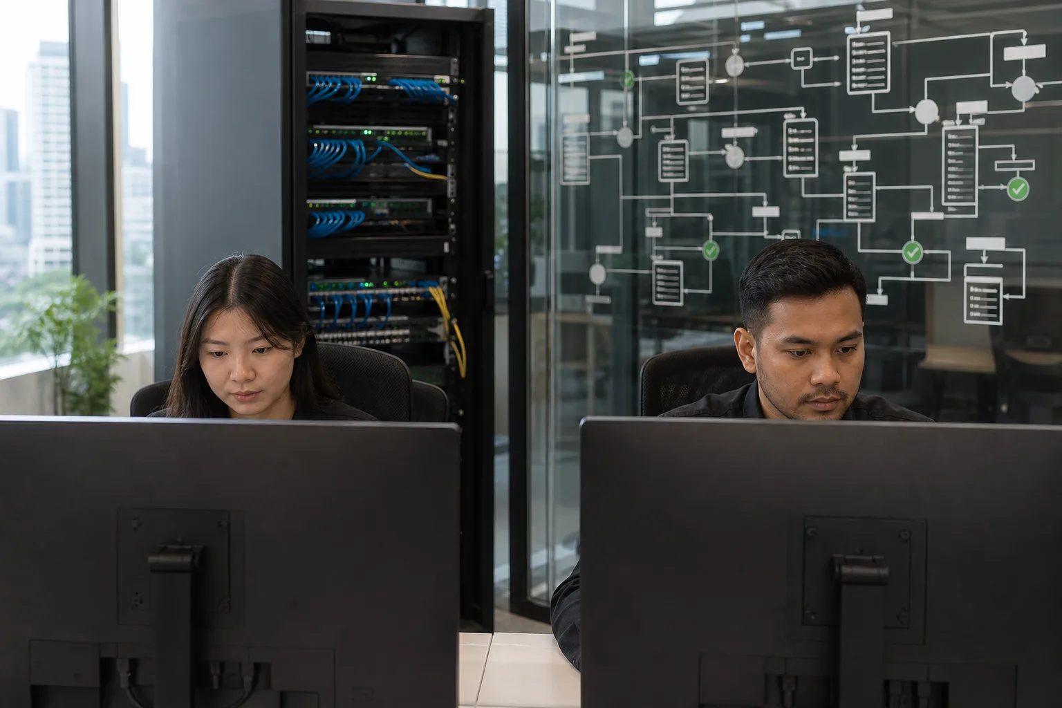 Singaporean professionals reviewing a digital data schema at secure workstations