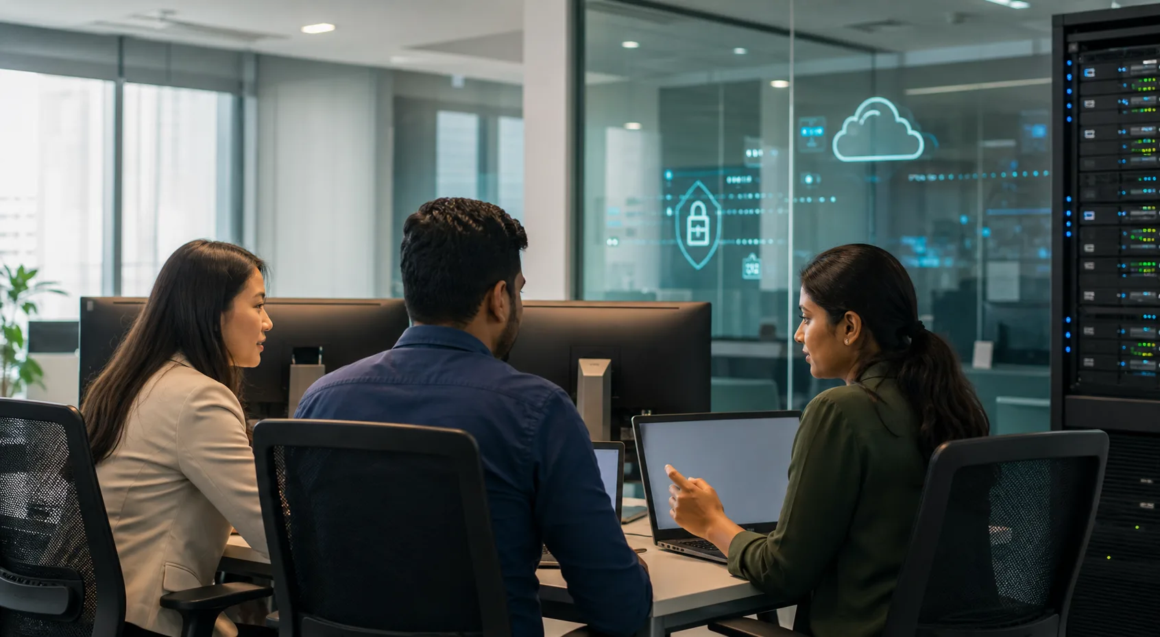 Three Singaporean professionals reviewing digital knowledge systems beside server infrastructure in a modern office