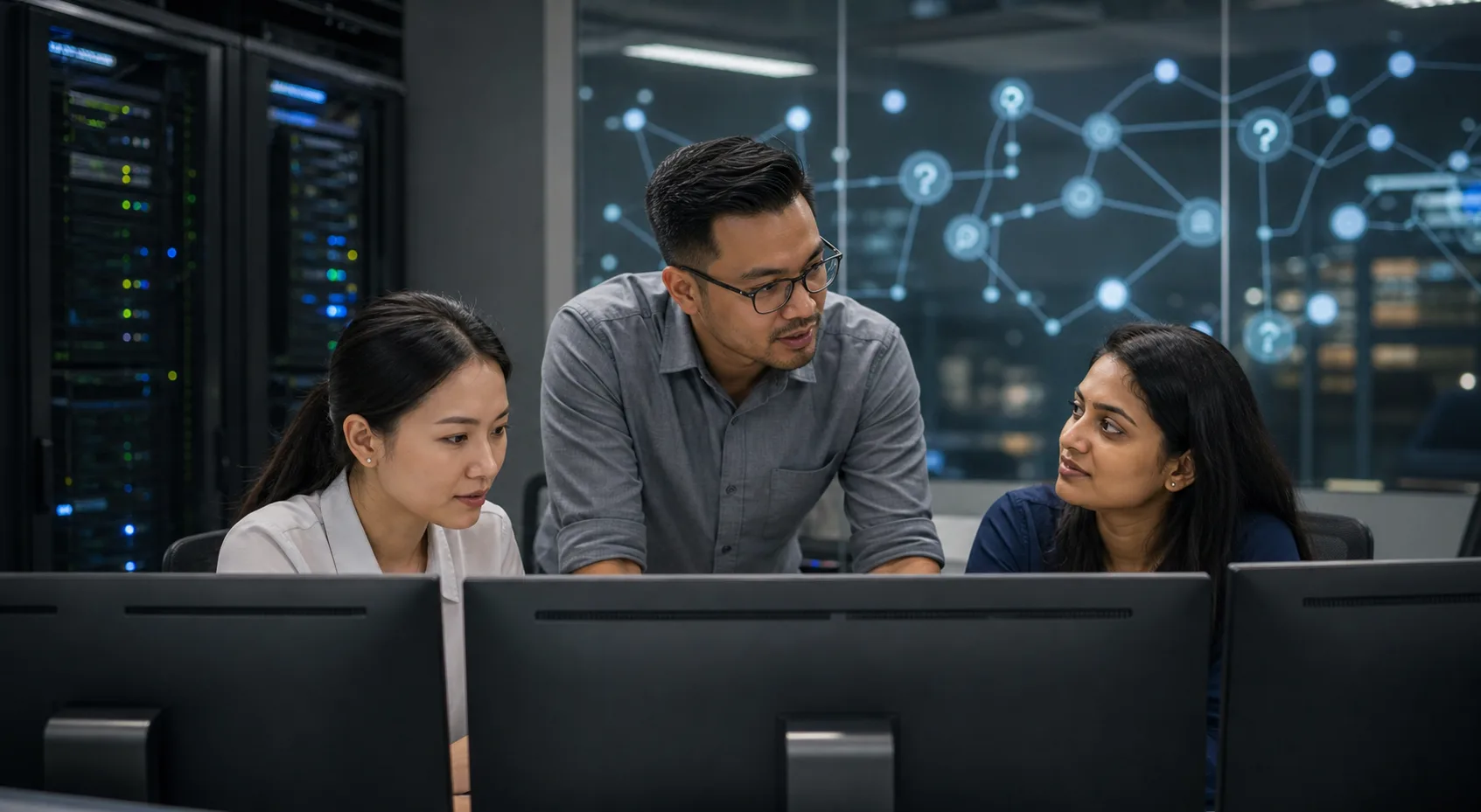 Singaporean colleagues discussing digital knowledge questions at secure workstations