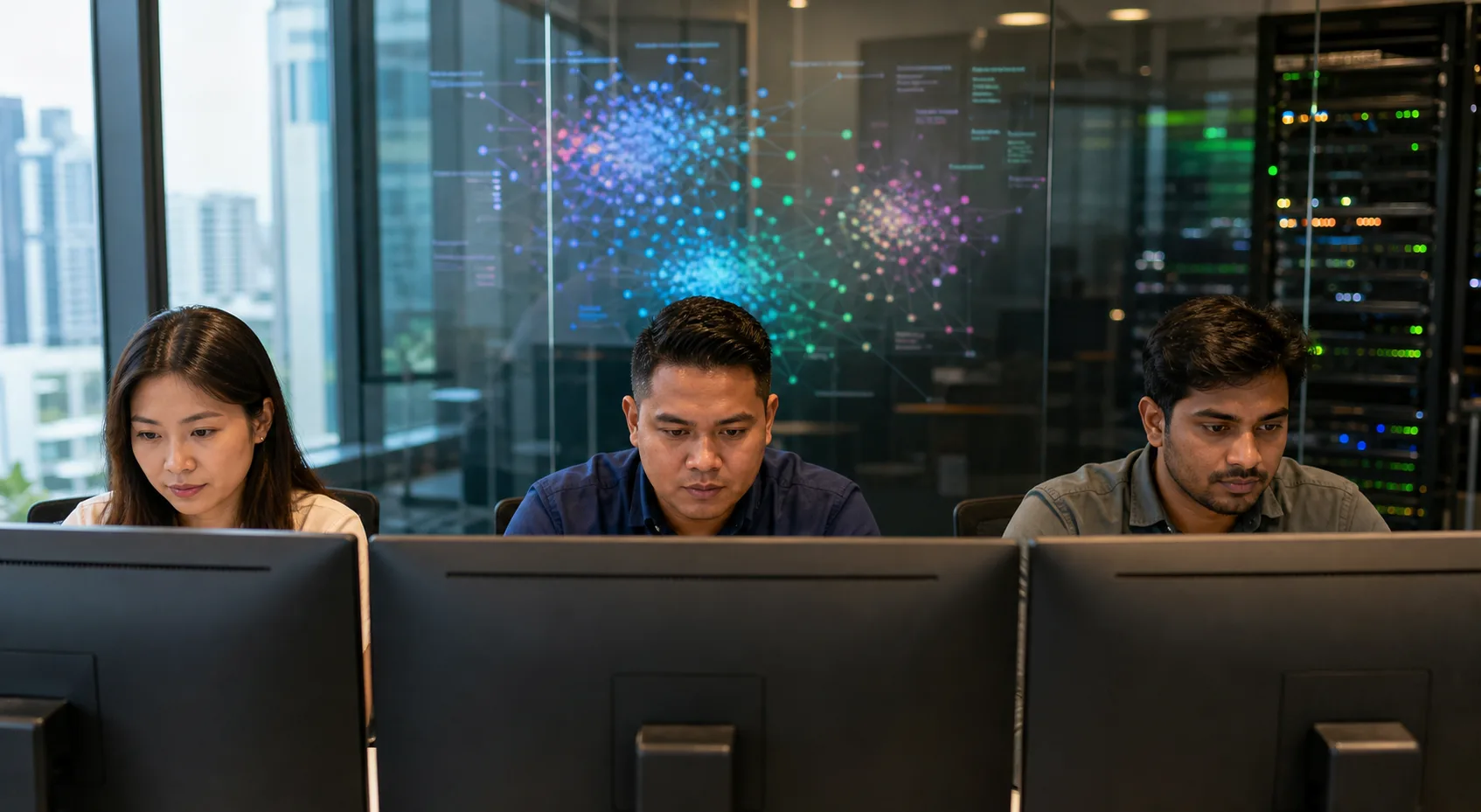 Singaporean professionals reviewing digital question clusters at secure workstations