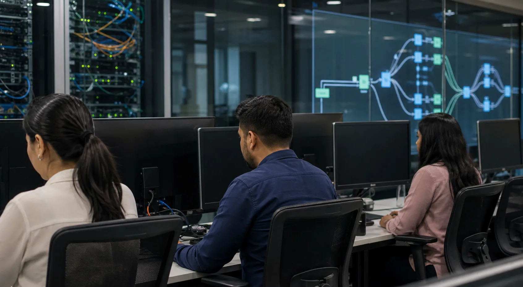 Singaporean professionals testing an AI workflow at rear-facing computer workstations