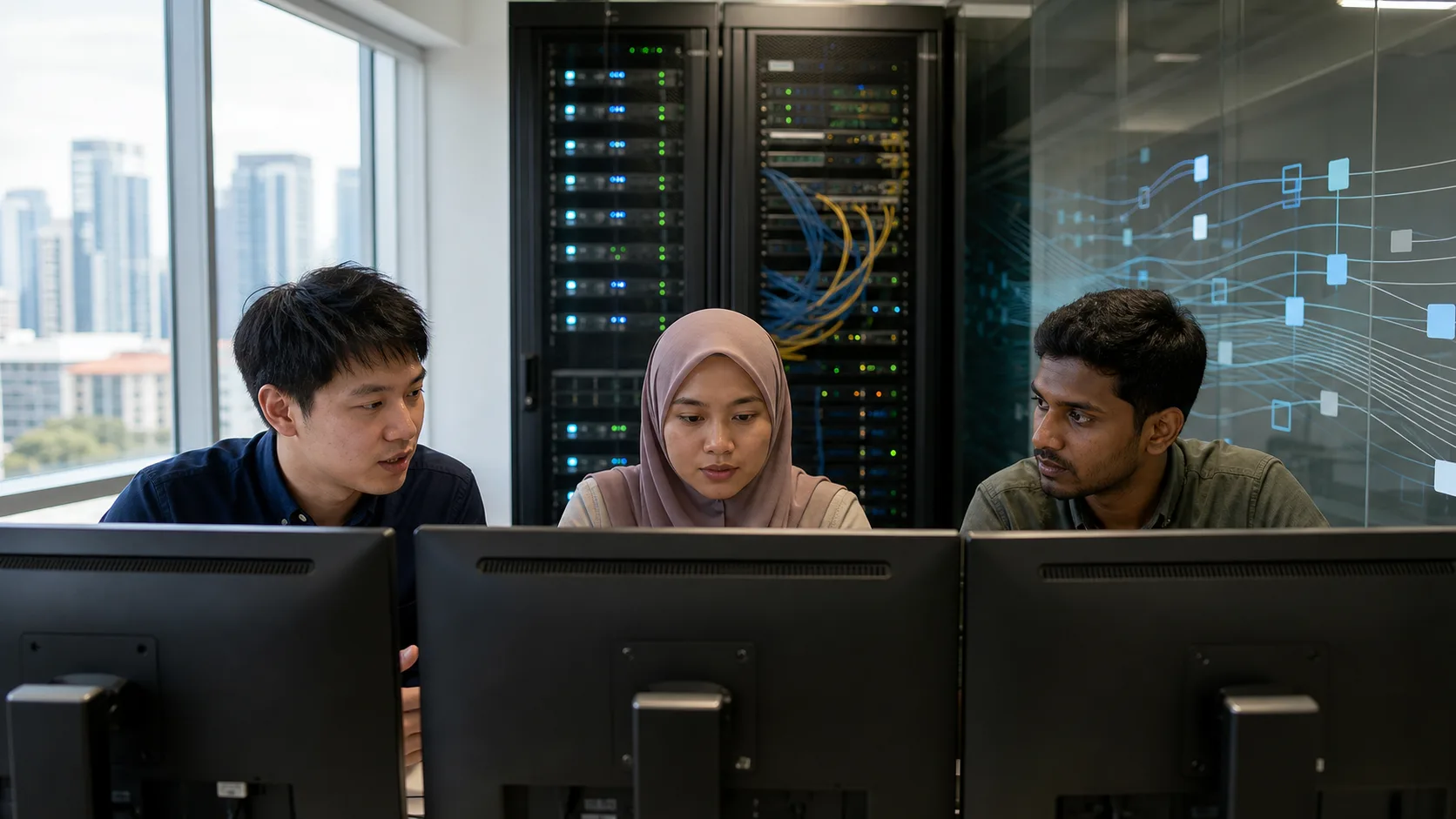 Singaporean professionals reviewing a digital retrieval pipeline in front of server infrastructure