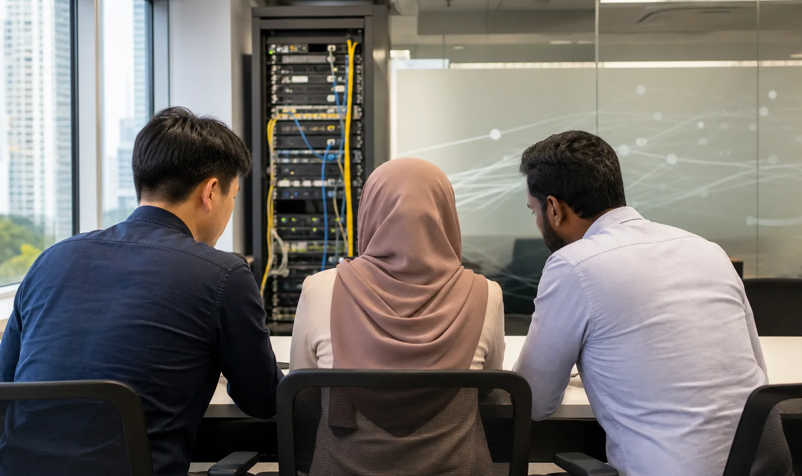Singaporean professionals reviewing a digital AI knowledge rollout beside server infrastructure