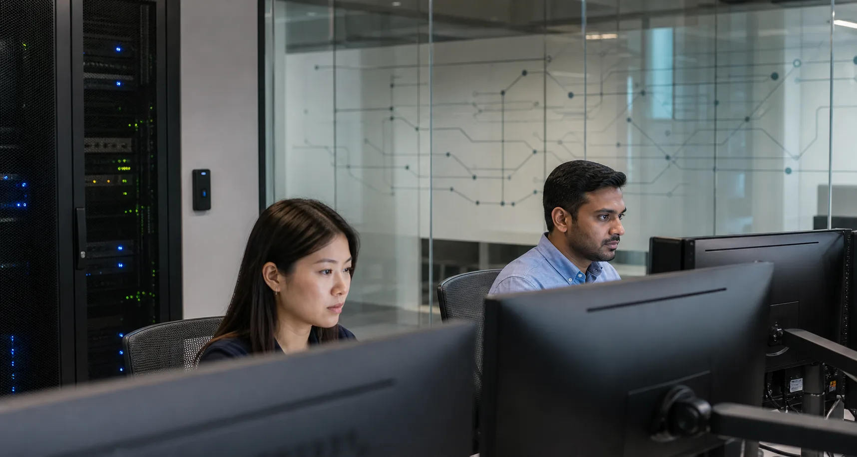Singaporean professionals working at secure digital governance workstations beside a server rack