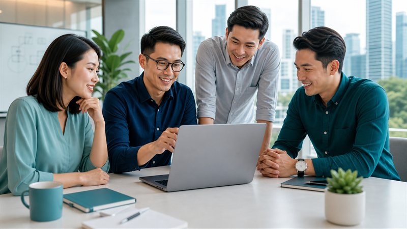 Working professionals collaborating on AI adoption in a modern workshop setting