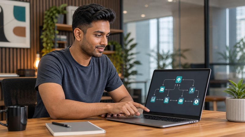 Professional launching an AI agent workflow from a laptop