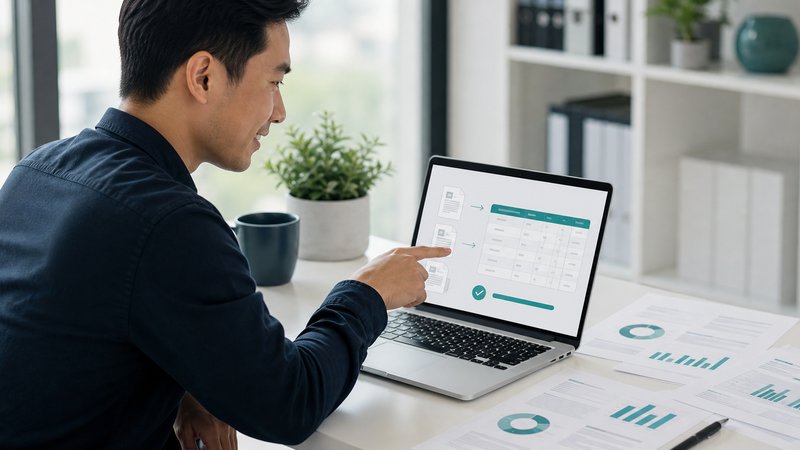 Professional reviewing automated document extraction on a laptop